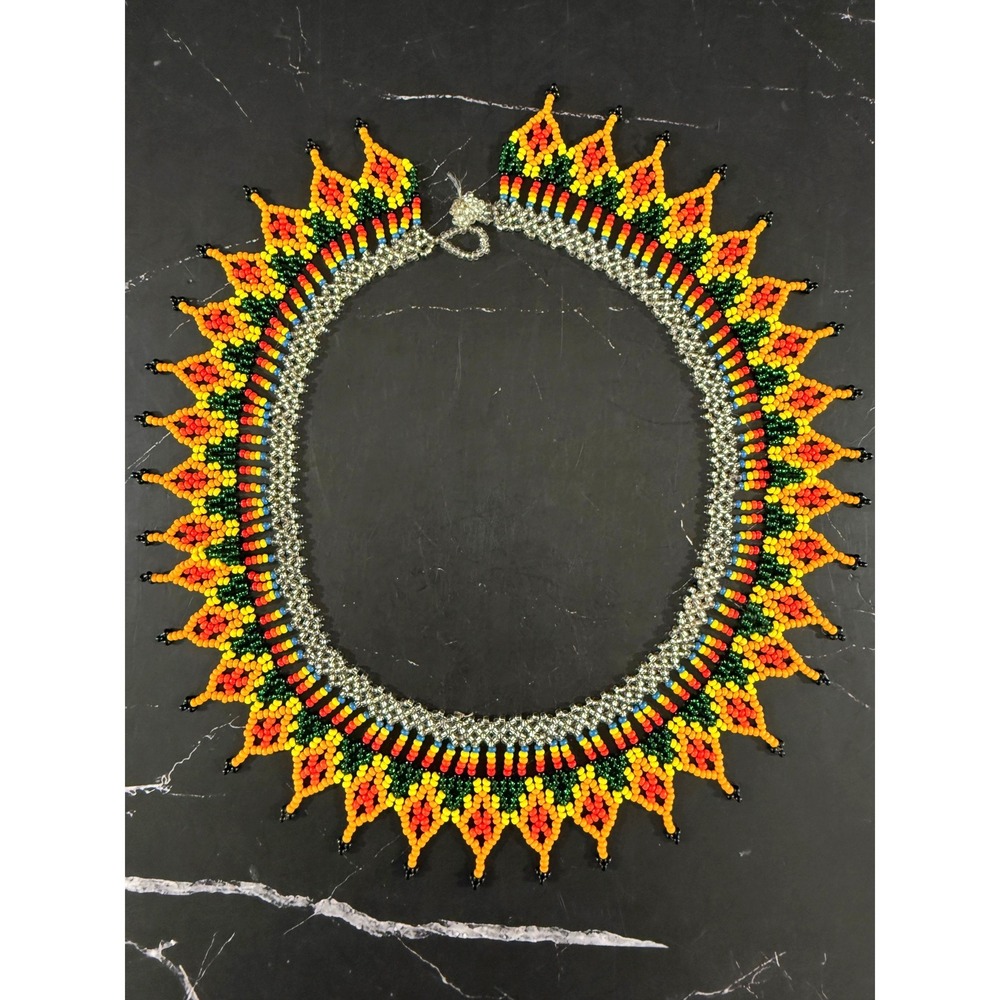 Hand Beaded Tetta Colombia Necklace Collar by Embera Artisans 16in Orange Yellow